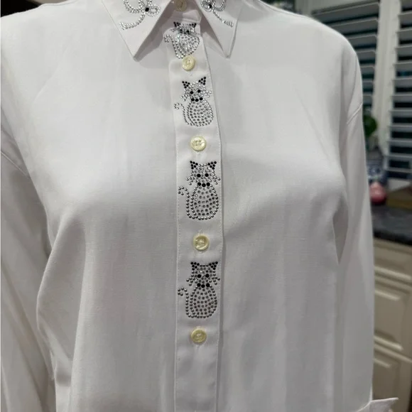 Christine Alexander Elegant White Cat and Bow Rhinestone Button Down Blouse M - Picture 4 of 13